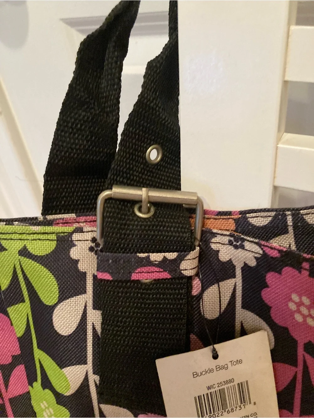 Floral Pattern Canvas Tote Bag in Black with Pink, Green & Orange Flowers